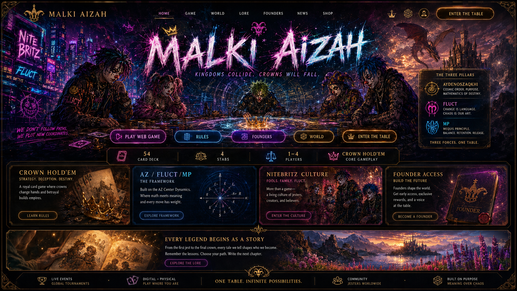 Malki Aizah futuristic jester kingdom game homepage mockup